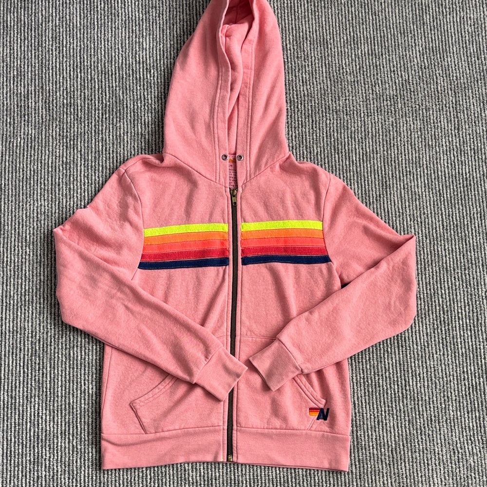 Aviator Nation 5 Stripe Neon Rainbow Pink Coral Zip up hoodie sweatshirt XS